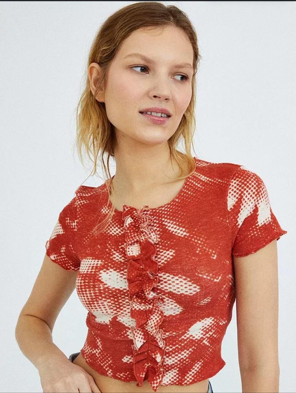 Urban Outfitters Red Coral and Cream Ruffle-Front Short Sleeve Top